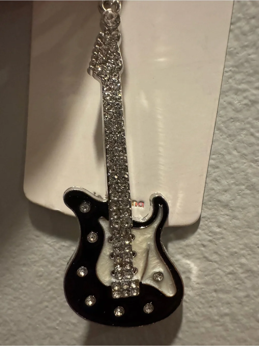 Black Enamel & Silver Rhinestone Guitar Keychain
